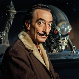 the long shot of salvador dali in the role of emperor of universe | still frame from the alien movie by ridley scott with cinematogrophy of christopher doyle and art direction by hans giger, anamorphic lens, 8 k, higly detailed masterpiece