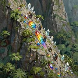 adventurers climbing a rocky mountain made of rainbow gemstones and crystal and glass, refraction and reflection, iridescent, verdant and lush and overgrown, fantasy, intricate, elegant, highly detailed, digital painting, artstation, concept art, matte, sharp focus, illustration, hearthstone, art by ruan jia and greg rutkowski and alphonse mucha