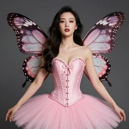 stunning woman, butterfly wings, pink corset, pink tutu, by bruce pennington