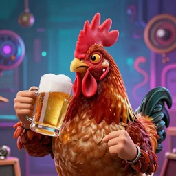 fine portrait of a punk chicken drinking beer and making noise music, psychedelic background, ultrarealistic, 16K 3D, crying engine