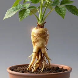 medium shot, mandrake root in a pot, root in a form of human head with mandrake leaves growing from it, intricate hyper detailed ultra sharp sharp focus, global illumination, radiant light, alexandre ferra, irakli nadar, octane render, unreal engine, 4 k, ultra hd,