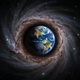 Realistic photo of a black hole absorbing the planet Earth at the middle of the Milky Way Galaxy, side view