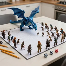 A typical Dungeons And Dragons adventuring party, fighting a blue dragon and a highly organized pack of kobolds, except everyone is shrunk to only 2% of their normal height, and the fight is happening on a gridded battlemat on a kitchen table, with normal size pencils and polyhedral dice scattered across the table; 4K image