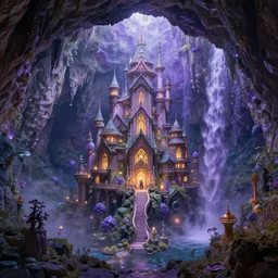 a mystical solarpunk fairy city in the amethysts wall of a dreamy waterfall cave by kinkade