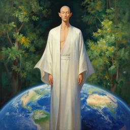 symmetric painting of a bald tall tan man with elongated ears wearing a flowing robe overlooking the earth, nature, eyes closed, greg rutkowski, lacoste, raphael, ruan jia, trending on artstation, detailed digital art