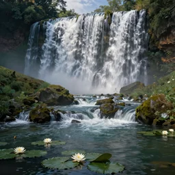 scene of dreamlike cascading waterfalls, lilies, naturalistic art, by frederic edwin church,