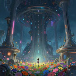 beautiful low angle painting of an alien world with sleek architecture, steampunk, ground made of multicolour flowers, neon lights, a tiny girl watching on, in the style of shaun tan, elegant, highly detailed, digital painting, artstation, cinematic lighting, glowing light and shadows, trending on artstation, octane render