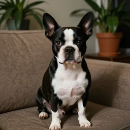 a dog that looks like mickey mouse, white face, black body, black nose, black ears, sitting down on a sofa, house plants in the background, indoors, dim light, photograph, 4 k, shot on iphone