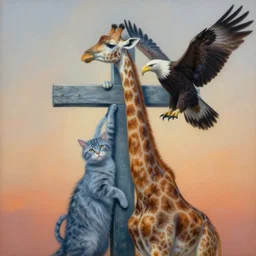 painting of cross between cat & giraffe & eagle, mixed animal, by arne olav gurvin fredriksen, by tiffany bozic, by zdzislaw beksinski, by corine perier, by ellen jewett, amazing details, cold hue's, warm tone gradient background, concept art, beautiful composition
