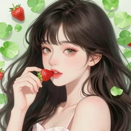 the portrait of an absurdly beautiful, graceful, elegant, young sung yuri anime girl made of strawberries and green petals, an ultrafine hyperdetailed illustration by kim jung gi, irakli nadar, intricate linework, bright colors, octopath traveler, final fantasy, angular, unreal engine 5 highly rendered, global illumination, radiant light, detailed and intricate environment