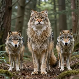 furry cat woman in a forest 8? b 4 with real wolves