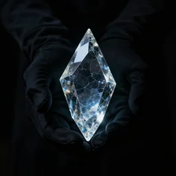 a black gloved hand holding a dimly glowing triangular shard of kryptonite in pitch dark, black background