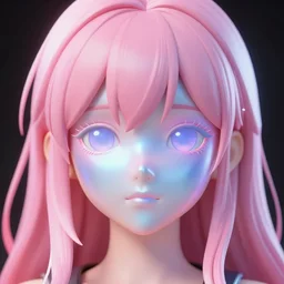 of a 2 d anime girl with a holographic face, detailed minimalists eyes and features, with 3 d pink water hair