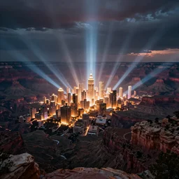 a vast glowing city in the Grand Canyon, beautiful dynamic lighting, cinematic, wide angle establishing shot, extremely high detail, photo realistic, cinematic lighting, post processed, concept art, artstation, matte painting, style by eddie mendoza, raphael lacoste, alex ross, volumetric lighting, light rays, photorealistic, ultrarealistic, moody, coronarender, 8k
