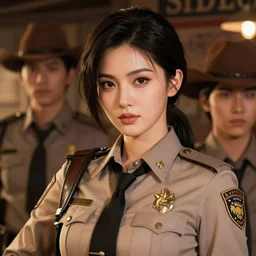 a portrait one person, complexity, global lighting, detail, ultra sharpness, beautiful female sheriff body from games yoshihiro togashi style, big eyes, plump lips, a gunshot, global lighting, western saloon theme, detailed faces, blank faces, style by huyy nguyen, cowboy bebop art style