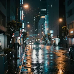 rainy night city street, headlights, street lights, neon, reflections, cyberpunk vibe, cinematic, new tokyo