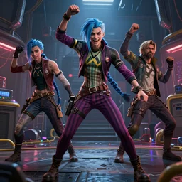 several Jinx from Arcane movie dancing, ultrarealistic, dramatic lighting, electrical details, high details, 4k, 8k, best, accurate, trending on artstation, artstation, photorealism, ultrarealistic, digital painting, style of Peter Mohrbacher, Caravaggio, Boris Vallejo