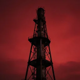 an industrial looking tower, below a red sky. film noir, high contrast, apocalyptic.
