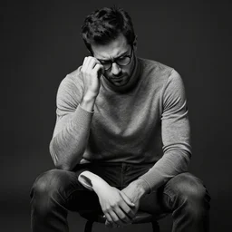 black and white, studio photograph of a male andrea belluci wearing glasses sitting on a stool wearing a turtleneck, anxiety and depression, intricate, elegant, highly detailed, hyper realistic, dark background, flickr, smooth, sharp focus, shot by canon