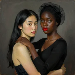 Woman holding another woman, arm around her neck, she is Korean, the other black girl, both have red lips, wearing black veils, Edward Hopper and James Gilleard style