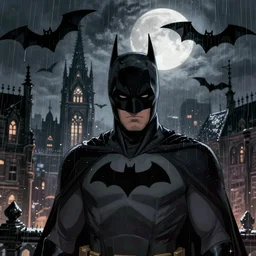 anime, batman in foreground, gotham city in background, rainy day, gloomily dark, bats flying in the sky, moonlight penetrating through gaps and scattering, dramatic lighting, intricate, epic, digital art, unreal engine, trending on artstation