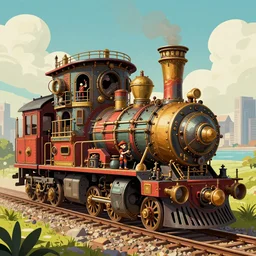 a steampunk train by paolo eleuteri serpieri and tomer hanuka and chesley bonestell and daniel merriam and tomokazu matsuyama, unreal engine, high resolution render, featured on artstation, octane, 8 k, highly intricate details, vivid colors, vector illustration