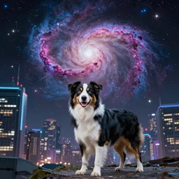 australian shepherd dog nebula above a cyberpunk city
