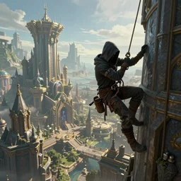 an epic fantasy comic book style landscape painting of a hooded thief using a rope to climb a tall building with a fantasy city, unreal 5, daz, hyperrealistic, octane render, dynamic lighting, 8 k, ultra wide angle