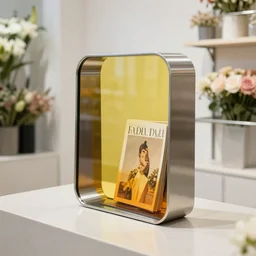 flower retail store, minimal, stainless steel and color glass, rounding edge, frame magazine, archidaily, sculpture object