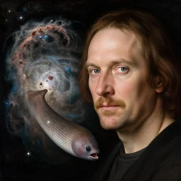 a closeup portrait of gary busey floating next to an eel nebula, eel nebula, early netherlandish painting