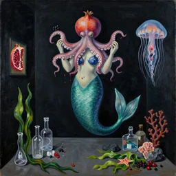 sensual, a dark apartment with black walls, portrait of a mermaid holding an octopus, berries dripping juice, pomegranate, jellyfish, seaweed, berries, trash, starfish, coral, rocks, seaweed, empty pet bottles, scientific glassware, by magritte, neo - expressionism, surrealism, acrylic and spray paint and oilstick on canvas