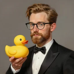 a german very long! light brown! hair guy with glasses and very! short beard on a tuxedo holding a rubber duck!, trade offer meme, art by greg rutkowski, intricate, elegant, sharp focus, digital painting, concept art, matte, art by artgerm
