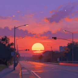 a beautiful illustration of a street at sunset, art of alena aenami, featured on artstation, vertical orientation, paint brush strokes, expressionism, brushstroke - laden, breathtaking clouds, traffic lights, wet concrete, beauttiful stars, cables, long exposure, gigantic sun, airy theme, red purple gradient, lens flare