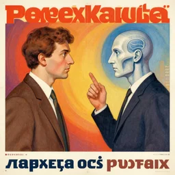 poster in the style of polish poster school showing conversation of a human and an artificial intelligence