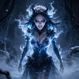 photorealistic full body shot of masterpiece angry darkness anime girl, beautifull lovely eyes, stop with your ugly eyes!! electric aura with particles, snowing frozen ice, darkness background, inspired by tim burton, detailed, unreal engine 4 k, volumetric light, fog