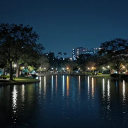 night city park drowned in water with lots of lights at night, render, trending on artstation