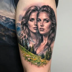 creative double exposure effect tattoo design sketch of margot and beautiful mountains and nature, mountain scenery, realism tattoo, in the style of matteo pasqualin, amazing detail, sharp