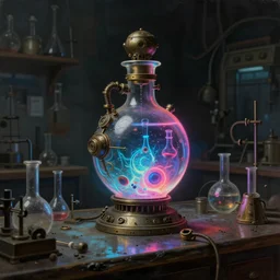 a painting of a complex steampunk neon emissive potion bottle on a counter in a dark dusty vintage science lab, by h. r. giger, hyperrealistic fantasy art, concept matte, ethereal, dreamy, digital art, trending on artstation, volumetric cinematic lighting