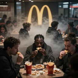 Crowd of people eating in mcdonalds by Norem, Earl, dark ambient, volumetrig fog