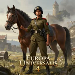 A young Indian woman soldier standing in front on a war horse, loading screen artwork for the game 'Europa Universalis 4'