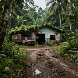 the last of us : the style of part 2, a car warehouse that has been forgotten for many years in the tropical rain forest, a pothole mud road extending into the rain forest, a rusty truck parked outside the house, and everything is covered by vegetation. by sergey vasnev and jan urschel, matte painting, real lighting, ponding