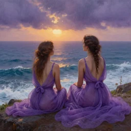 a stunning matte landscape painting of a voluptuous sapho and her friend in gossamer purple dresses sitting on a cliff facing away from the camera in the rain watching the sunrise over the ocean, turbulent ocean in the background, intricate, elegant, highly detailed, artstation, ultra sharp focus, octane render, volumetric lighting, art by greg rutkowski and alphonse mucha