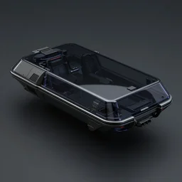 a singular dark glass and plastic surface box shaped vehicle, scifi flying vehicle, bladerunner 2 0 4 9, pininfarina, hard surface, studio lighting, unreal engine 5, light background, backlight