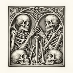 detailed realistic memento mori etching by cameron gray and carlos schwabe, gothic ornament, skulls, bones, art nouveau, neogothic, ornate art nouveau botanicals, horizontal symmetry