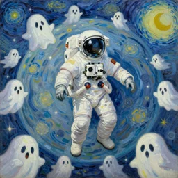 bright beautiful oil painting of astronaut lands on a planet made of cartoon ghosts, light scatter, van gogh