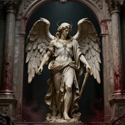 hyper realistic photography of a highly detailed archangel in front of hell's gate. complex architecture, blood drops on the walls. dark background. high details, trending on artstation, digital illustration 4 k no blur