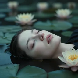 pale face lying under the water, water lilys, cinematic, shallow depth of field, atmospheric, ultra high detail, somber colors