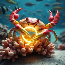 a rainbow color skin crab underwater on a coral and holding a gold luminus ring, fishes background, beach sand foreground, photorealistic, octane render, detailed