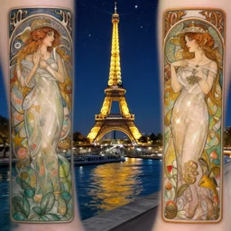 a view from the seine river in paris at night with the sky full of stars, intricate, elegant, highly detailed, digital painting, artstation, concept art, smooth, sharp focus, colored illustration for tattoo, art by krenz cushart and artem demura and alphonse mucha,