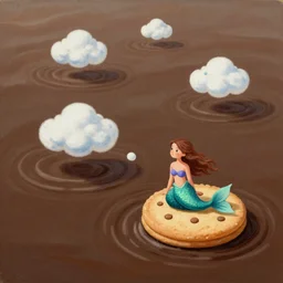 a painting of an ocean of coffee, tiny clouds of milk drifting by, a mermaid sitting on a biscuit